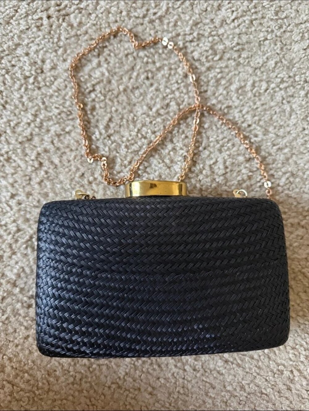Kayu Woven Black Evening Clutch with Gold Chain Strap